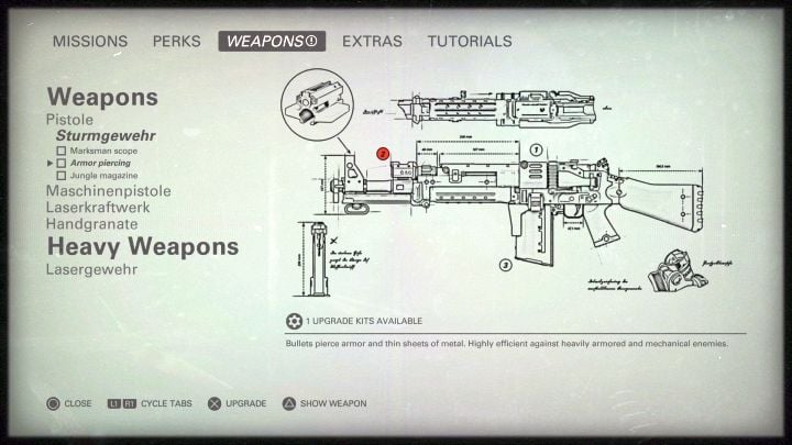 The weapon upgrade screen. - How to upgrade weapons? - FAQ - Wolfenstein II: The New Colossus Game Guide