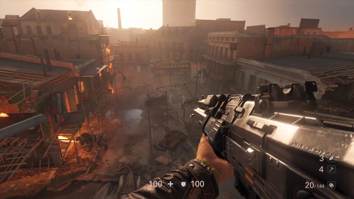 You can see the entire battlefield from here - along with a Pancerhund patrolling the area. - Rescue Horton | New Orleans | Walkthrough - Chapter 7 - New Orleans - Wolfenstein II: The New Colossus Game Guide