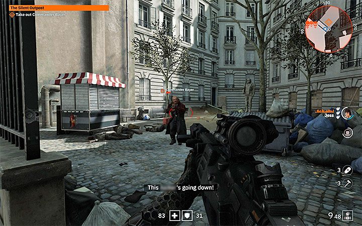 Find the courtyard where Commander Bayer is located (picture above) and attack him - The Silent Outpost | Wolfenstein Youngblood Walkthrough - Side missions - Wolfenstein Youngblood Guide