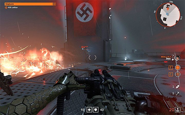 While fighting, dont forget to help your fallen sister, call for help if you lose all your health, use shouts and hide behind the towers if you need a moment to rest - Raid Mission Lab X | Wolfenstein Youngblood Walkthrough - Main story - Wolfenstein Youngblood Guide