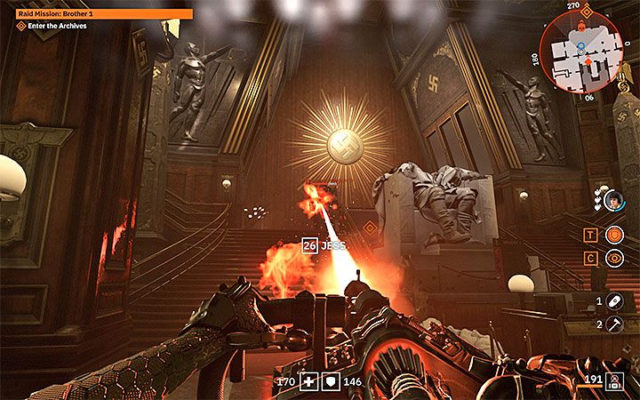 The lobby is a new part of the Tower, so when you leave the elevator you can start sneaking around again even if alarms have been triggered in previous locations - Raid Mission: Brother 1 | Wolfenstein Youngblood Walkthrough - Main story - Wolfenstein Youngblood Guide