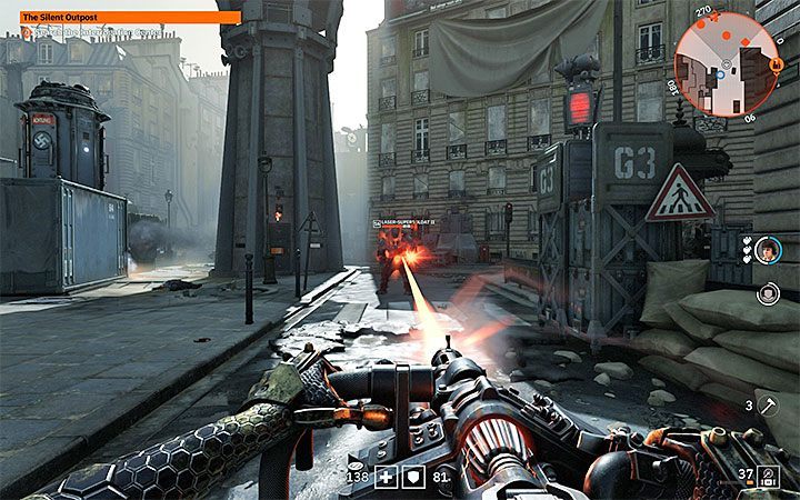 From the moment you unlock at least Bigger Guns ability, you can find interactive heavy weapons - in the example from the above pictures it is a laser cannon Laserkraftwerk - Why cant I pick up my gun in Wolfenstein Youngblood? - FAQ - Frequently Asked Questions - Wolfenstein Youngblood Guide