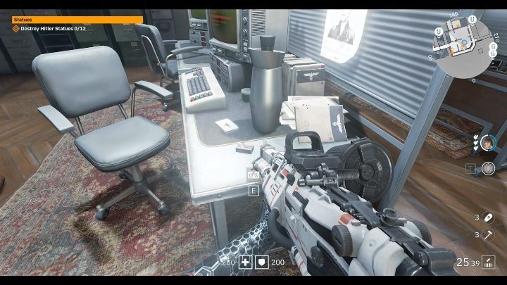 There is a white cassette tape on the well-lit table - Secrets and collectibles in Viktory Boulevard | Wolfenstein Youngblood - Collectibles and secrets - Wolfenstein Youngblood Guide