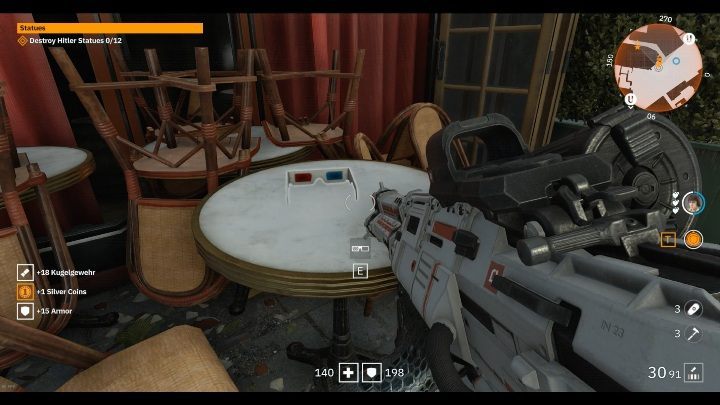 On one of the tables, next to a closed restaurant, there are glasses - Secrets and collectibles in Viktory Boulevard | Wolfenstein Youngblood - Collectibles and secrets - Wolfenstein Youngblood Guide
