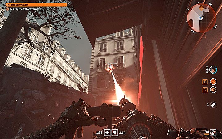 A mini-boss will run around a lot when attacking sisters and may also jump on the walls of buildings - The Robotermorder | Wolfenstein Youngblood Walkthrough - Side missions - Wolfenstein Youngblood Guide