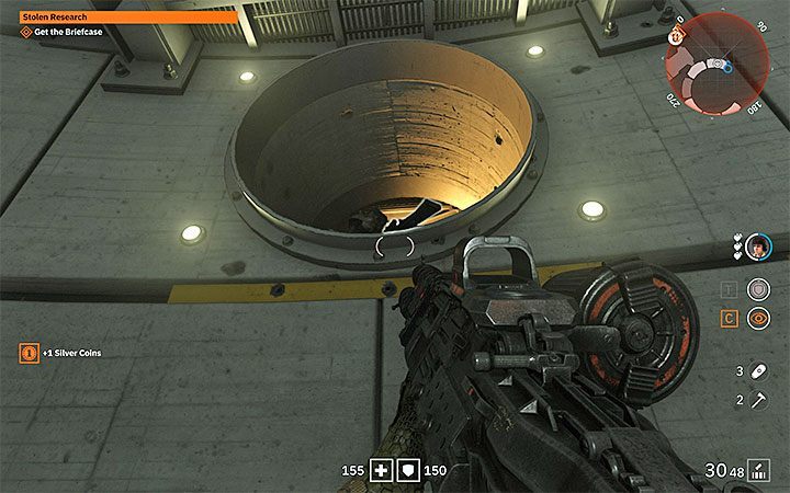 After reaching the highest level, jump on the lower balcony and be interested in the round hole in the wall shown in the picture, where a single opponent could have stood - Stolen Research | Wolfenstein Youngblood Walkthrough - Side missions - Wolfenstein Youngblood Guide