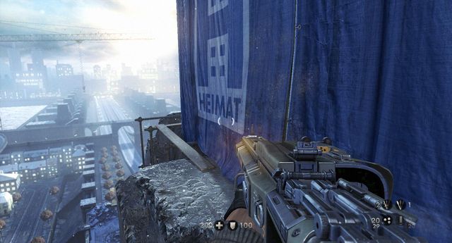 Go along the boards to reach the room from which you have to take the stairs to the helicopter - Return to London Nautica - Main missions - Wolfenstein: The New Order - Game Guide and Walkthrough