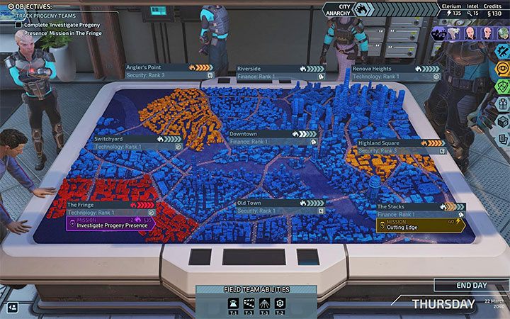 The risk of rising unrest levels is indicated by pulsating arrows on the city map screen - XCOM Chimera Squad: Anarchy level - how to lower it? - FAQ - XCOM Chimera Squad Guide