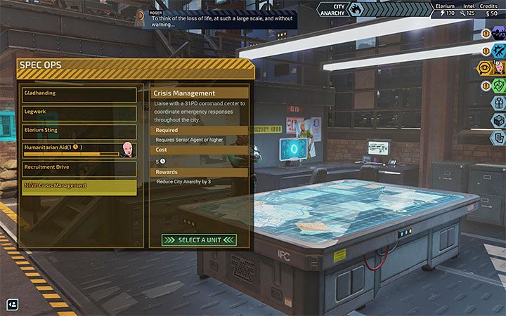 Another way to reduce anarchy is to use Crisis Management from the Spec Ops tab - XCOM Chimera Squad: Anarchy level - how to lower it? - FAQ - XCOM Chimera Squad Guide