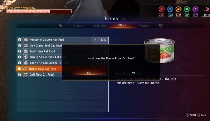 Kiryu must have different varieties of cat food and it can be bought in a store or acquired as a loot - Yakuza 6 Trophy Guide - Basics - Yakuza 6 Game Guide