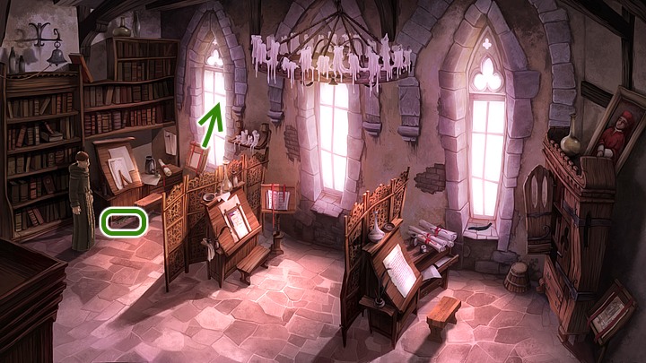 After Toribios leaving the scriptorium notice a cat-o-nine-tails lying near his desk - Chapter Two - The sacred monastery of Santa Brigida | Walkthrough - Walkthrough - Yesterday Origins Game Guide